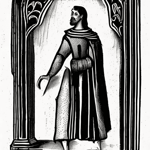 AI generated: medieval book illustration, image of a person or people, full height pose, black and white, white ba...