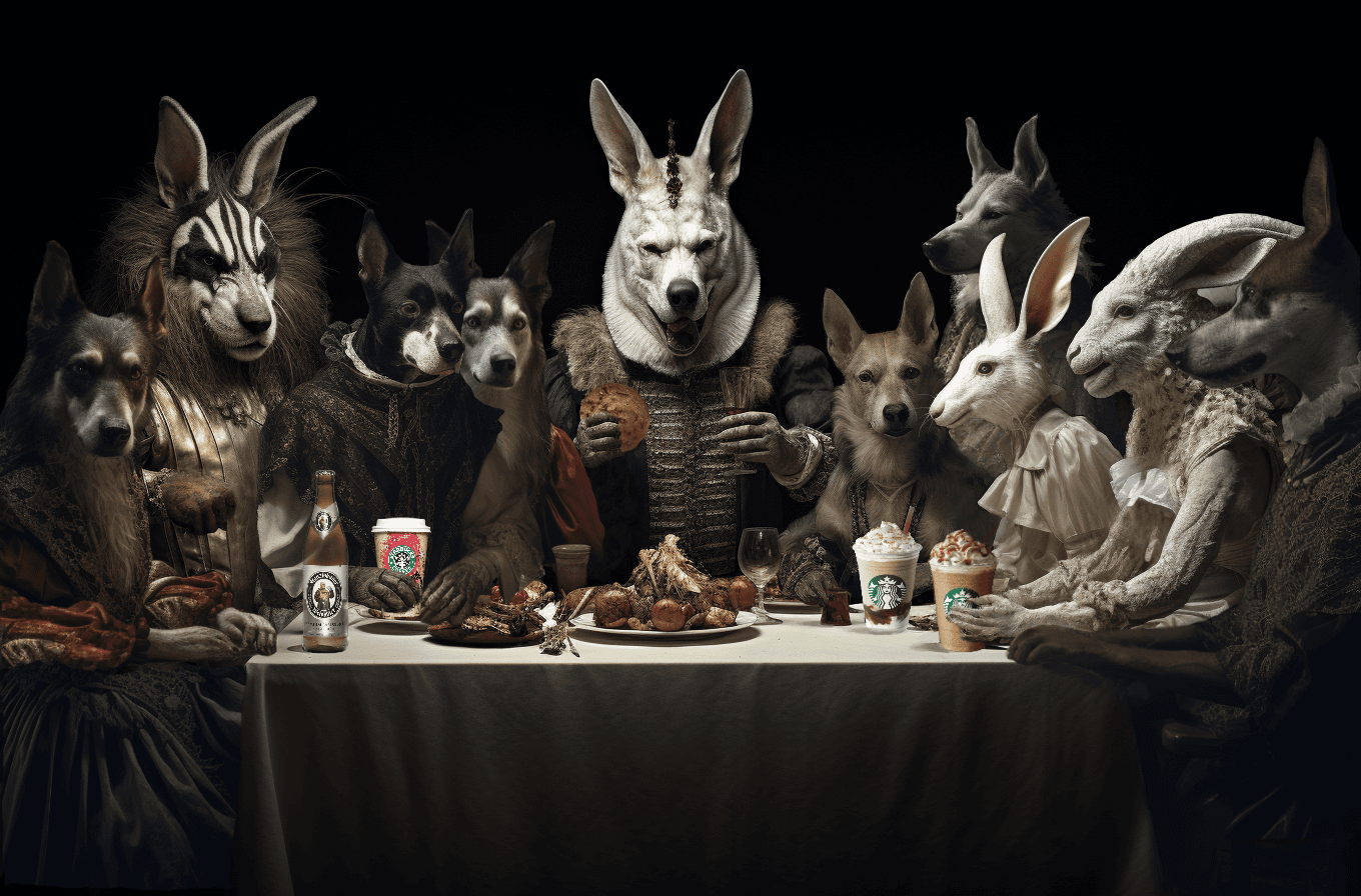 AI generated: a group of people sits around a large table in a costume, in the style of realistic animal portraits...