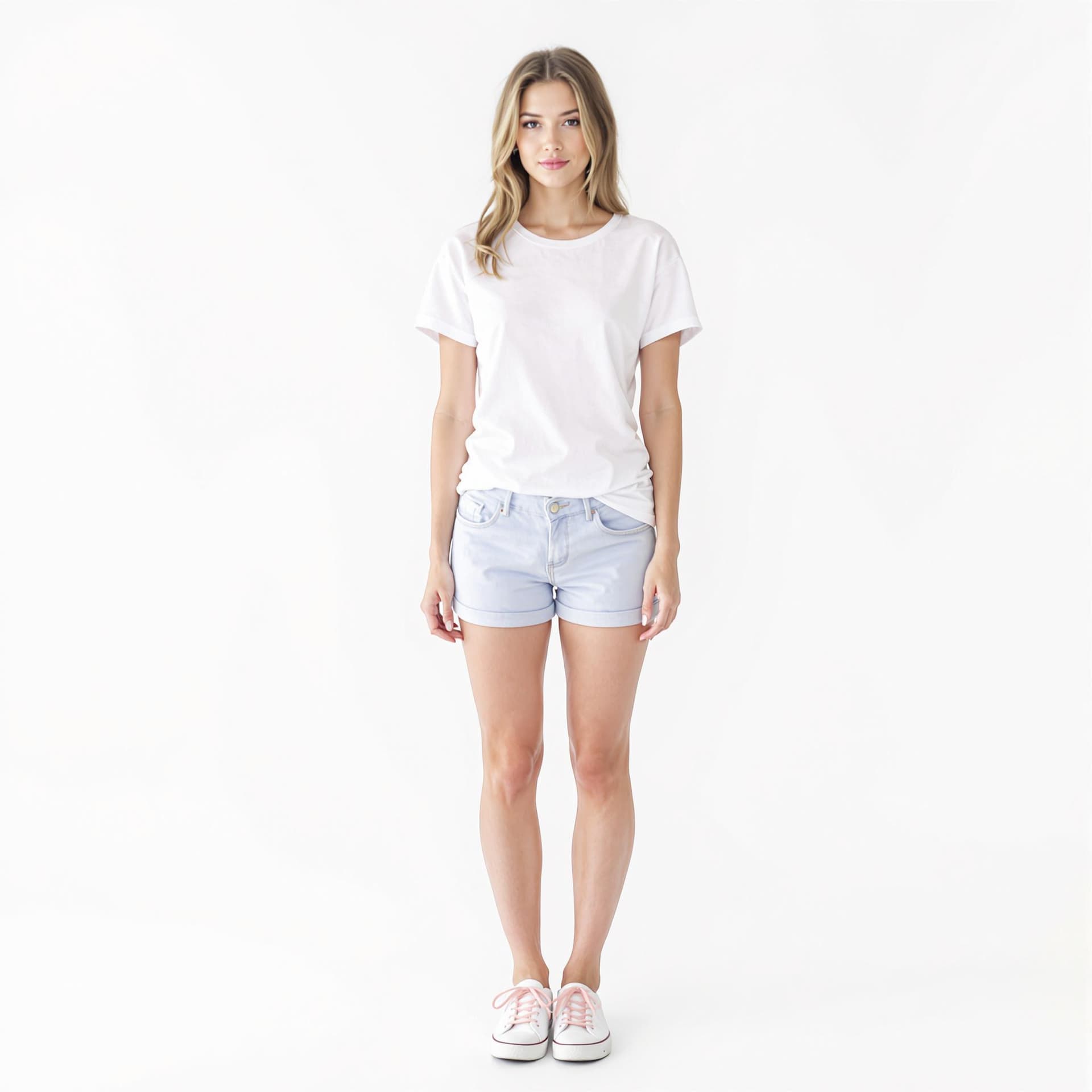 AI generated: woman stands against a white backdrop. She is dressed in a short-sleeved white t-shirt, a pair of li...