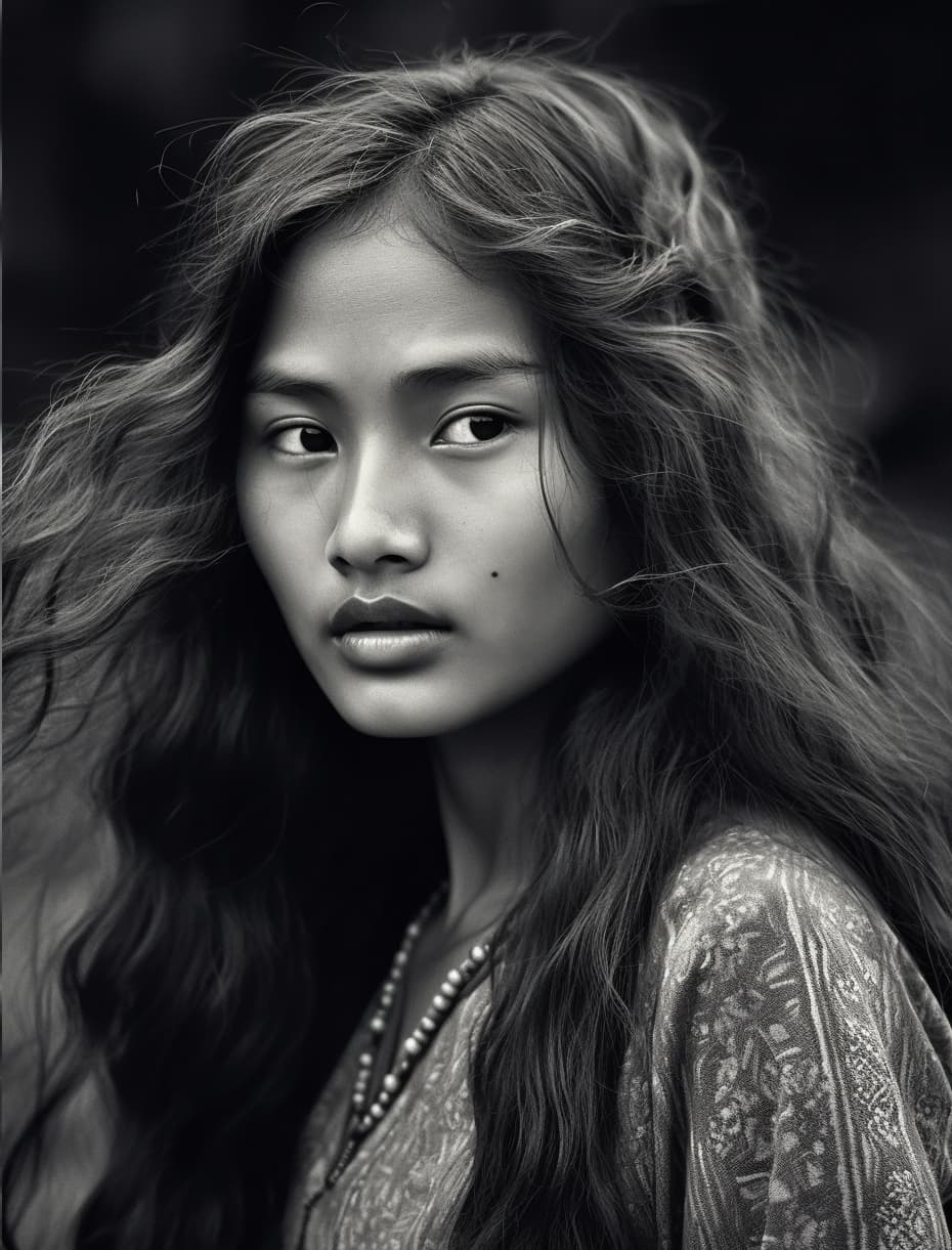 AI generated: Black and white photo of a woman with long hair, philippines, middle eastern details, young himalaya...