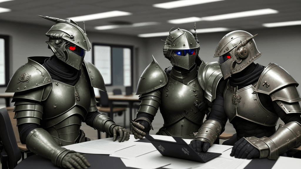 AI generated: Armoured warriors discussing in a lab, normal eyes
