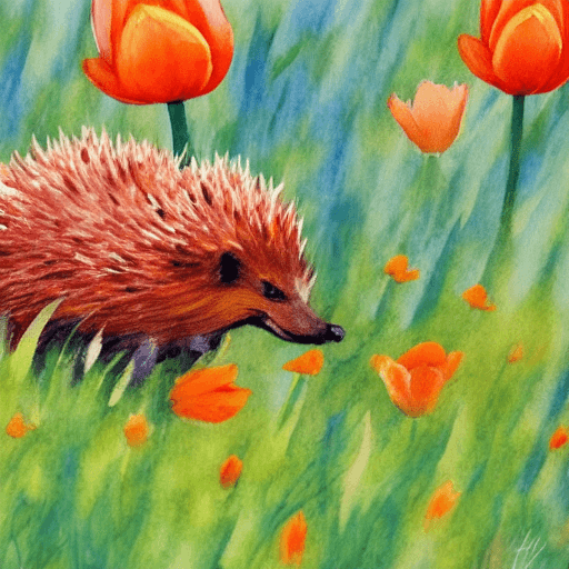 AI generated: Red Hedgehog in a Serene Meadow and Vibrant Orange Tulips, Impressionistic, Soft Brushstrokes, detai...