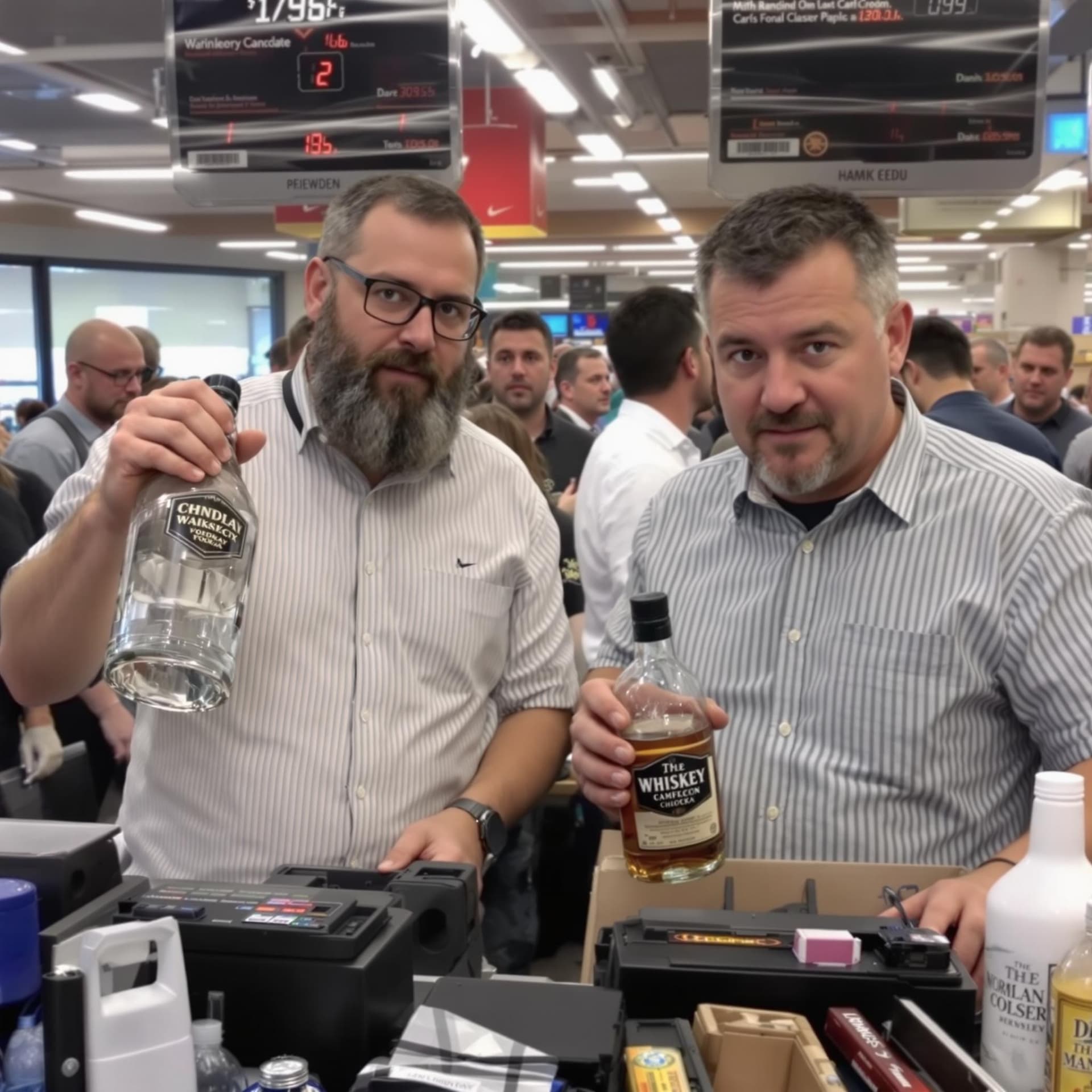 AI generated: In the photo, we see two alcoholic men with vodka and whiskey on the cash register, looking at the c...