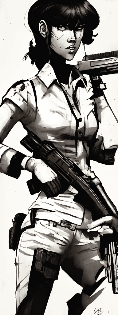 AI generated: an image of an animation character holding a gun, in the style of womancore, comic art, realistic oi...
