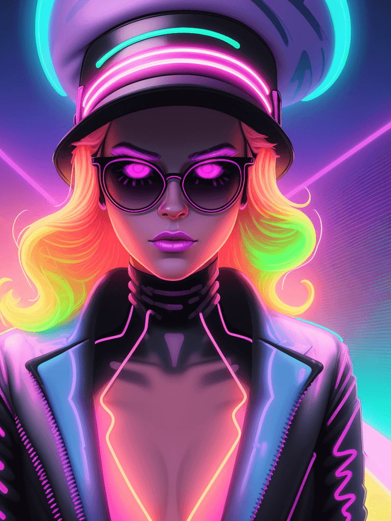 AI generated: a close up of a woman wearing sunglasses and a neon hat, ultraviolet and neon colors, jen bartel, ne...