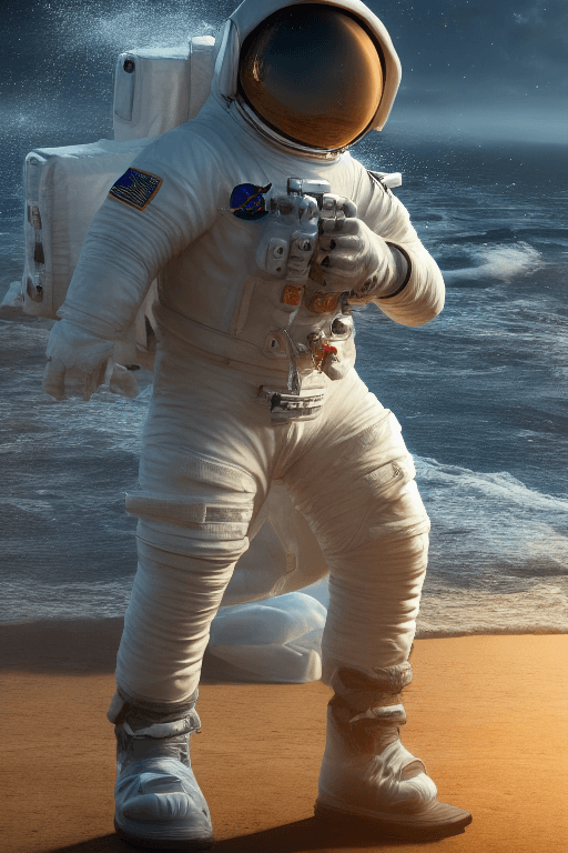 AI generated: a astronaut sitting on the beach looking to the sea at sunrise, concept art, octane render, unreal e...
