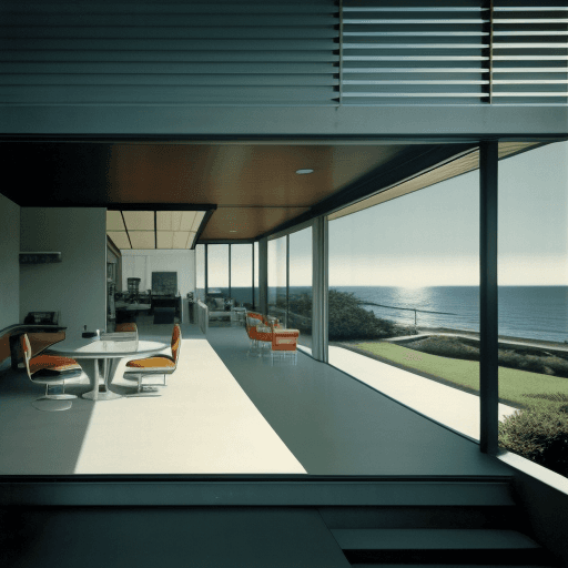 AI generated: Hyper realistic eye level exterior photo of a mid century modern style house overlooking the ocean, ...
