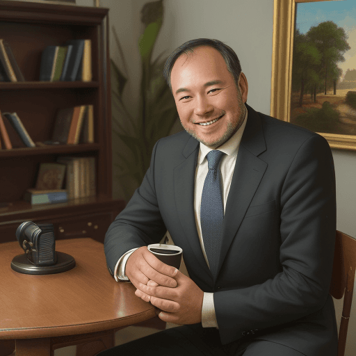 AI generated: A businessman sits on a wooden chair and smiles in front of the camera ,In front of the businessman ...