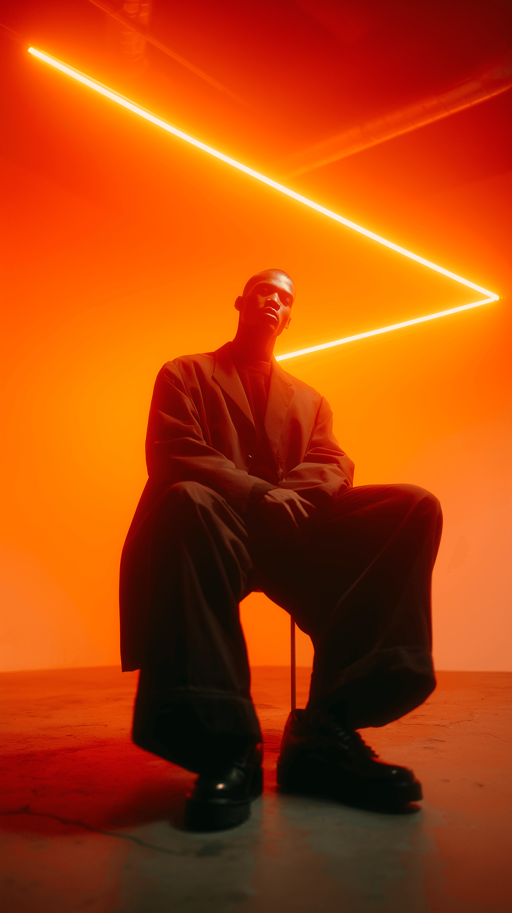 AI generated: editorial photography, male model, 50mm f/1.2 RF lens, f/2.8 set, 1/160s, iso 100, gradient neon ora...
