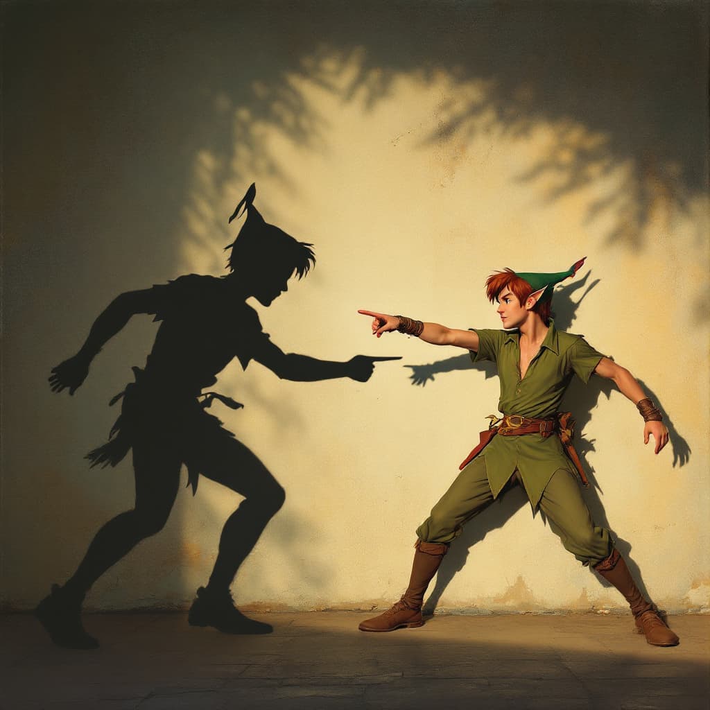 AI generated: realistic photo peter pan is fencing with his shadow against the wall
