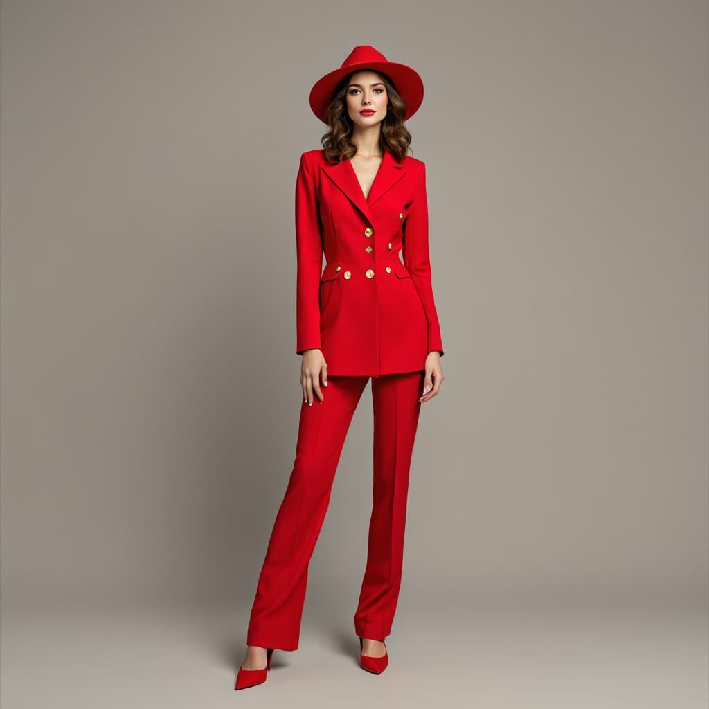 AI generated: Caucaswoman wearing a red pantsuit with gold buttons red heels with gold soles and a red sunhat.