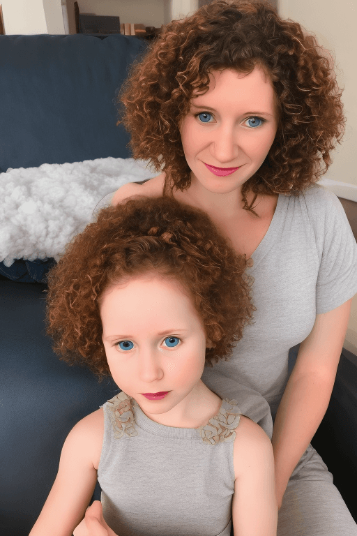AI generated: (mother age 30:1.2), shoulder length hair, brown hair, natural curls, blue hazel eyes, perfect face,...