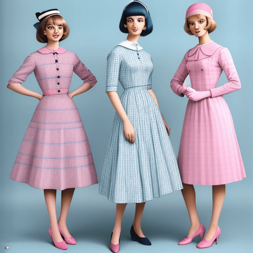 AI generated: A vintage fashion magazine page featuring three women wearing simple blue and pink checkered, stripe...