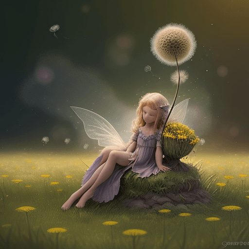 AI generated: matte fantasy painting, tiny fairy woman fallen asleep on a huge dandelion blowing in the wind, dand...
