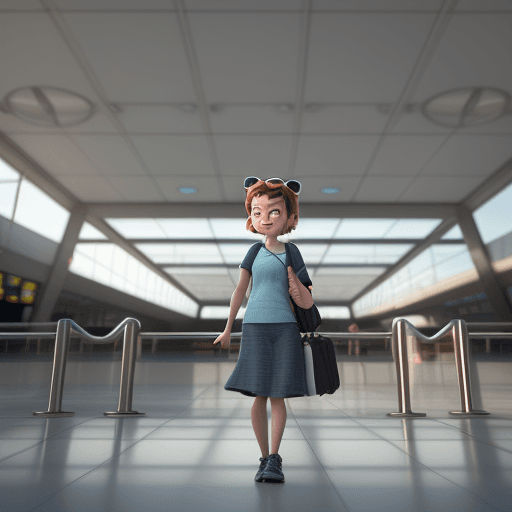 AI generated: A Pixar 3D render of a girl exploring the airport, reminiscent of the animation in "Finding Nemo." T...