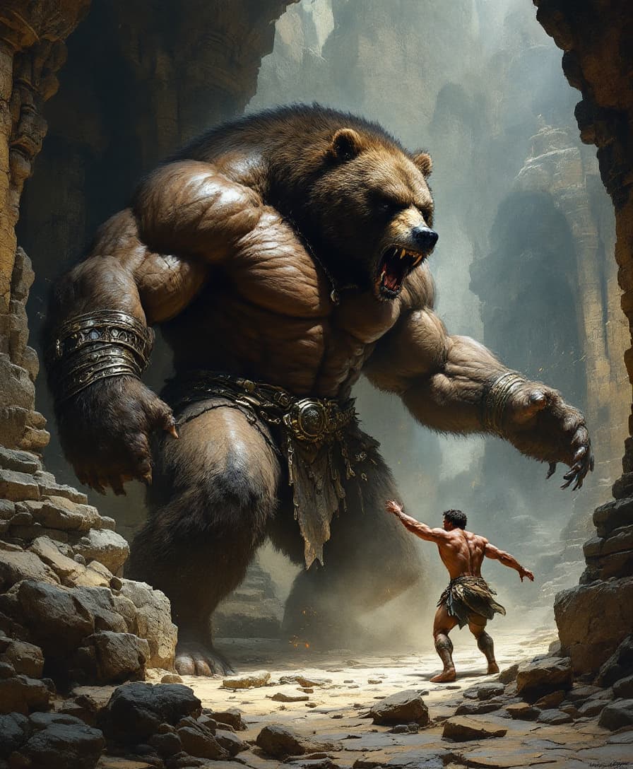 AI generated: An epic Frank Frazetta painting showing the torso and head of a muscular man battling a giant bear i...