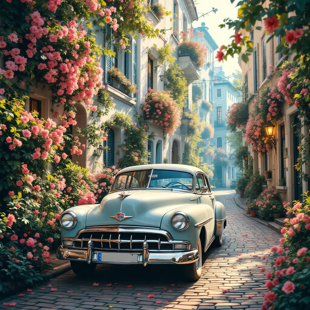 AI generated: “A vintage car parked on a charming cobblestone street, surrounded by blooming flowers and vines. Th...