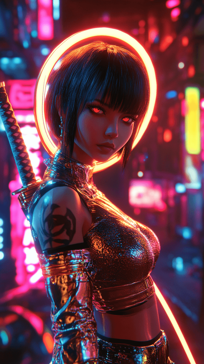AI generated: A bold cyberpunk femme fatale with a glowing neon halo, wielding a plasma katana, wearing a metallic...