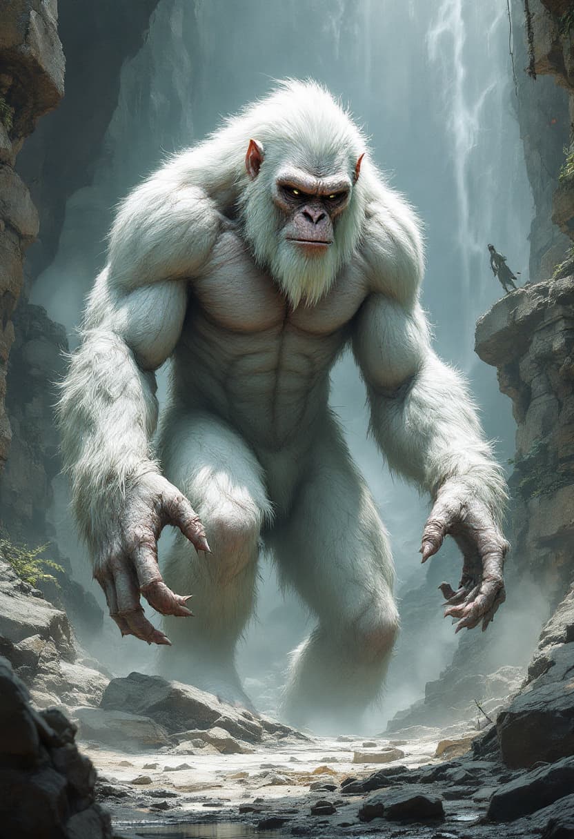 AI generated: Full body, albino ape with human body, strong bodybuilder, muscular, strong, fantasy luxury, scary, ...