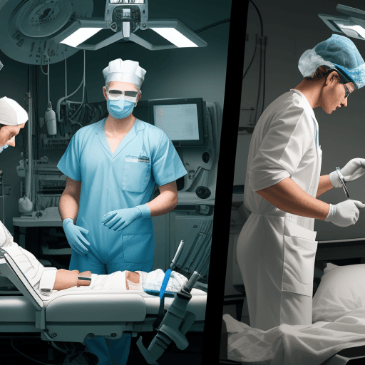 AI generated: one man in the operating room then operates on the other man with tools