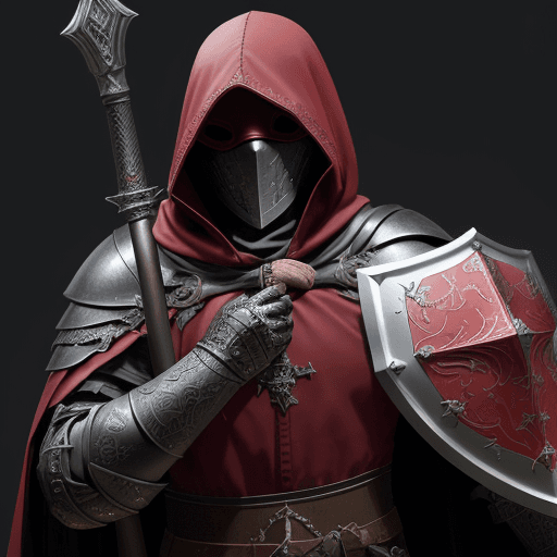 AI generated:  man cleric from the Middle Ages, with face covered by shade of dark-red hood, in scaled armour and ...