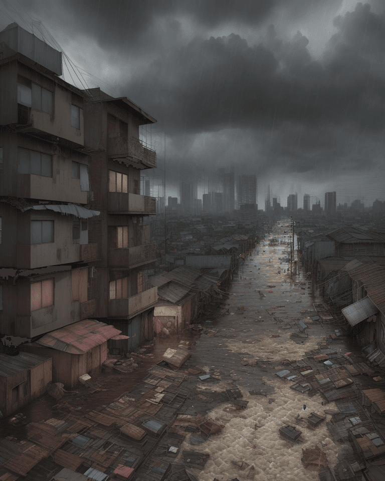 AI generated: A heavy storm and flooding of a slum area,
rain,typhon,
litter,intricate detail, and no defects, 3d ...