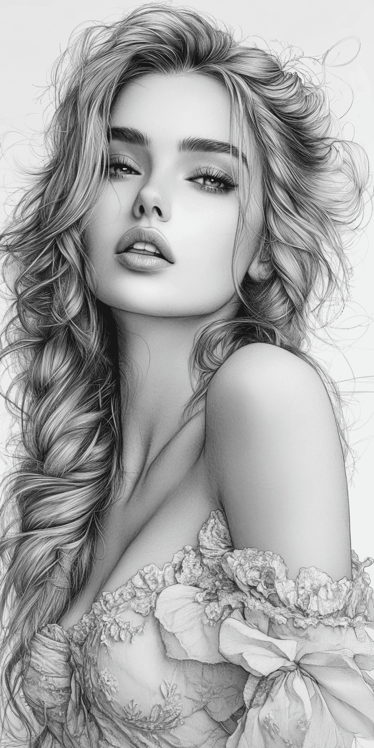 AI generated: A grayscale portrait of a woman. 


The woman is depicted from the mid-chest up, featuring long, ...