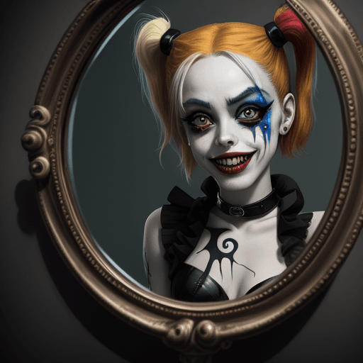 AI generated: "Harley Quinn, in the style of a Tim Burton illustration, gazing into a cracked mirror, chaotic back...