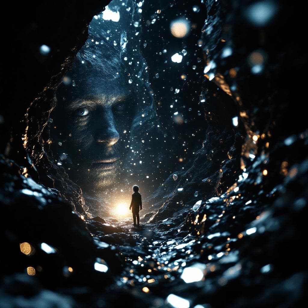 AI generated: photographic, ultrarealistic, ubsurdres, close up of a pitch black cavern, filled with sparkling  cr...