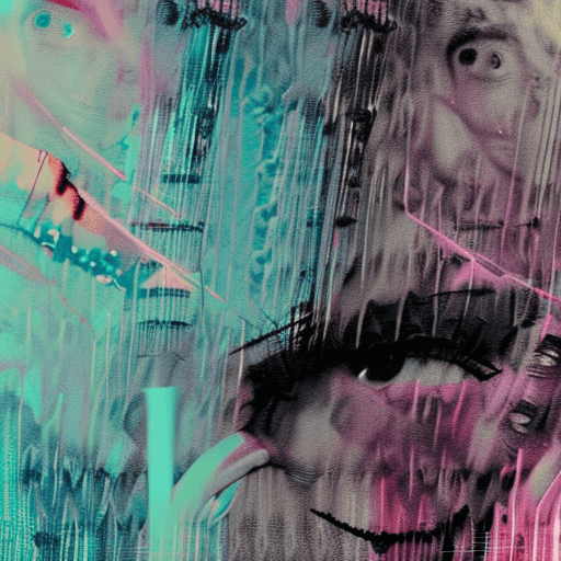 AI generated: ,a glitch art dirty over lay portrait of a demonic horned stunning woman pink lipstick, pink glossy ...