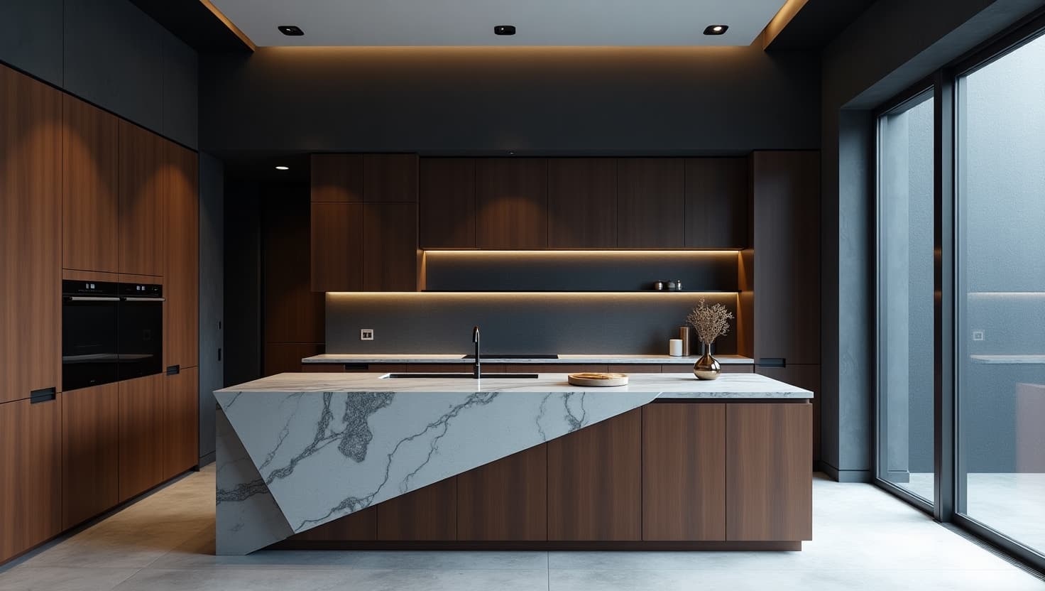 AI generated: A sleek, modern high-end kitchen with minimalist floating cabinetry in a rich, dark wood tone, canti...