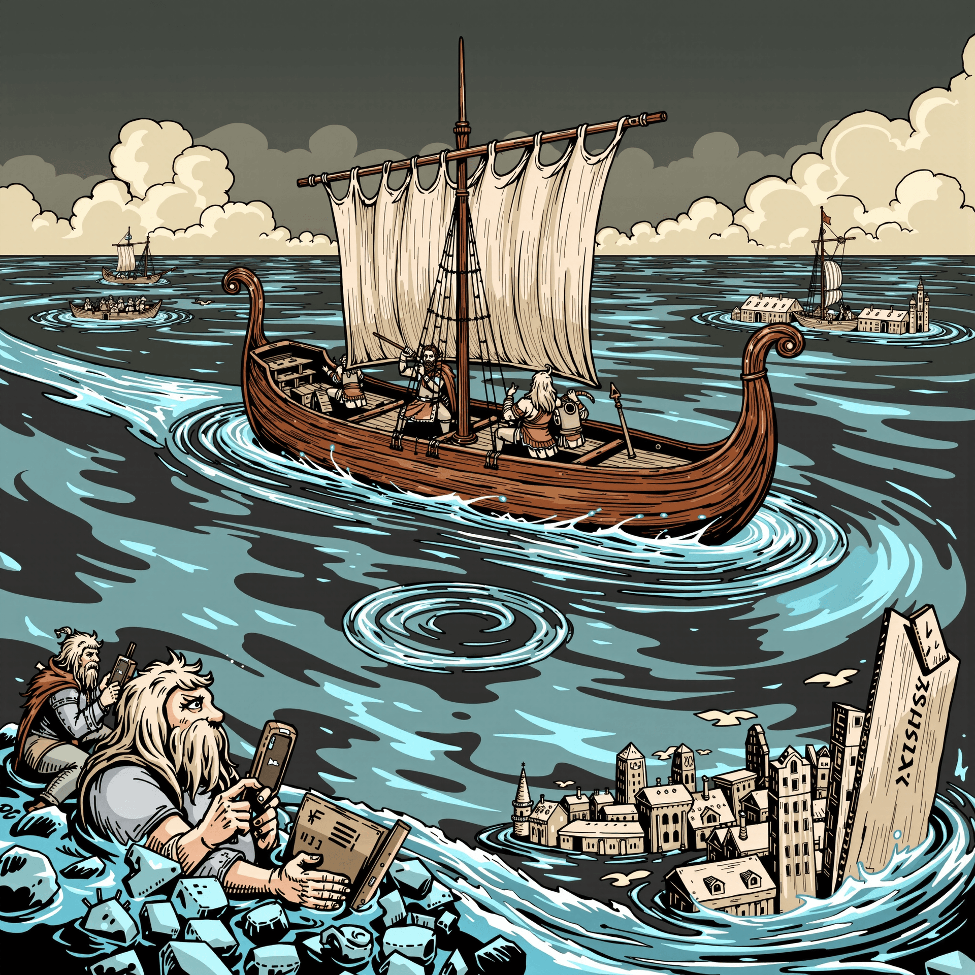 AI generated: A Viking longship cruising a submerged smart city, Norse warriors filming it on cracked iPhones, apo...