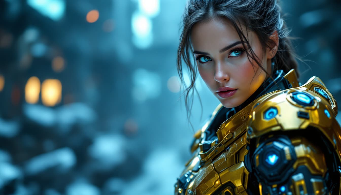AI generated: female soldier wearing futuristic gold battle armor with blue lights, intense and determined express...