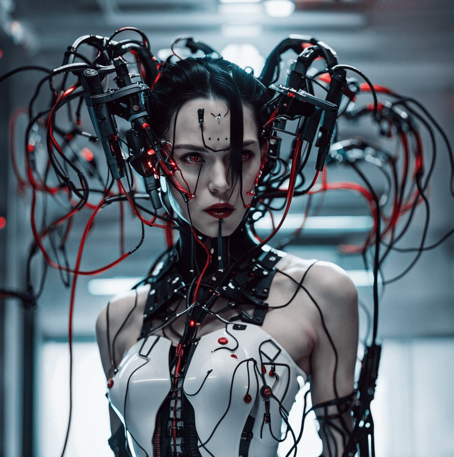 AI generated: full body of cyborg lady, cybernetic jaw, mechanical parts, white shirt, unbottoned, black latex ski...