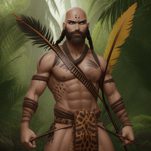 AI generated: He is a bald taned Amazon jungle warrior and toned man, with pronounced facial features and a determ...