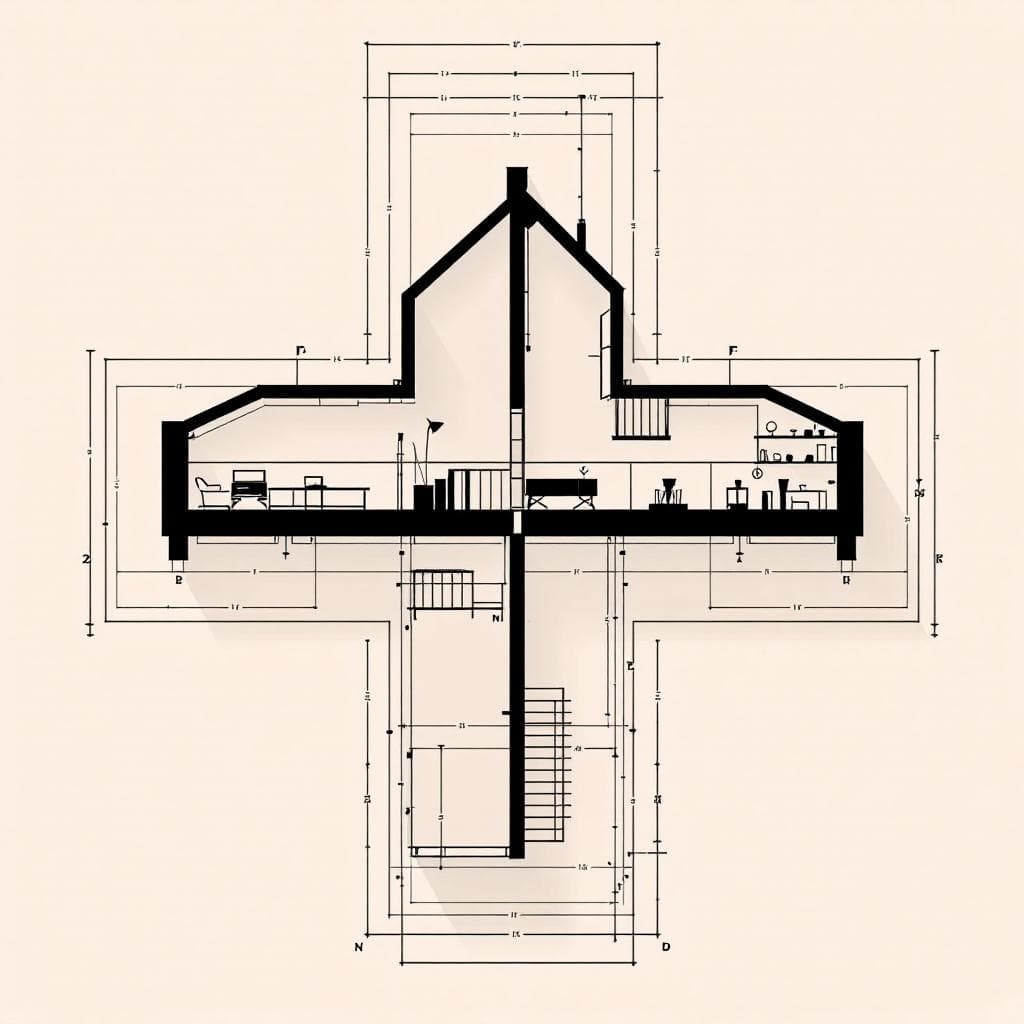 AI generated: An architectural section of a cross shaped 25sq.m house with a loft in the center 