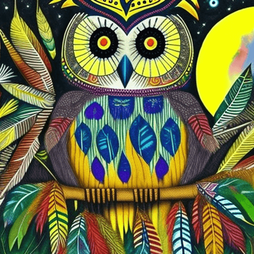 AI generated: amazonic indigenous with feathers in the forest at night with hight trees a yellow moon and an owl c...