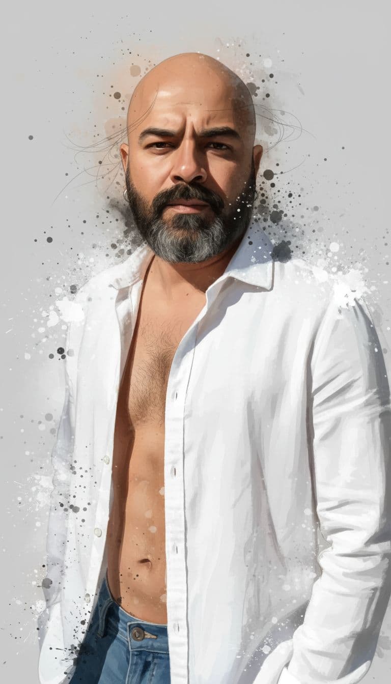 AI generated: Create a vertical 3:4 digital splashes-and-ink portrait using my photo as the subject, rendered in i...