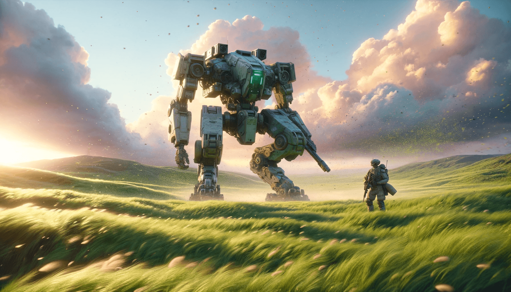 AI generated: A vast, lush green wasteland with greenery no taller than one foot, swept by gentle winds creating a...