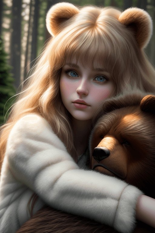 AI generated: a beautiful russian girl petting a big bear in a spruce forest,realistic photo,((looking at the view...