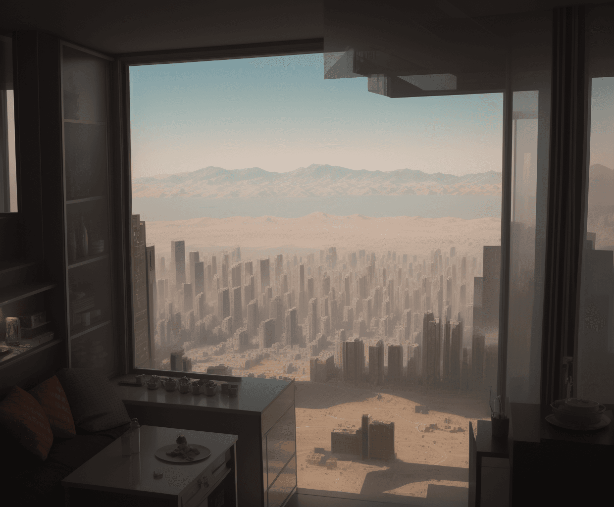 AI generated: (top quality:1) apartment view of amartian city, mars, year 3000, sci fi, intricate, cinematic still