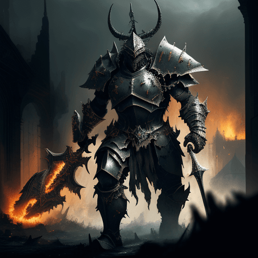 AI generated: a heavily armored Warhammer chaos warrior, by Thomas Cole and Wayne Barlowe, highly details, high co...
