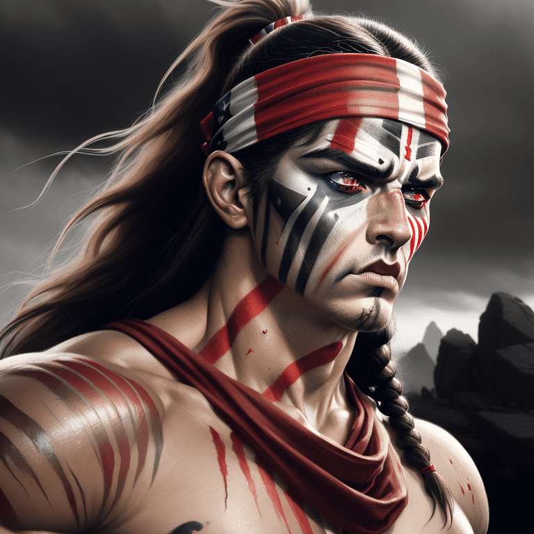 AI generated: ultra realistic dramatic photo muscular portrait of a warrior with long hair and red white black str...