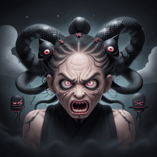 AI generated: Mistic ninja in shock, hair made entirely of skinny snakes, mistery  expresive eyes, small nose with...