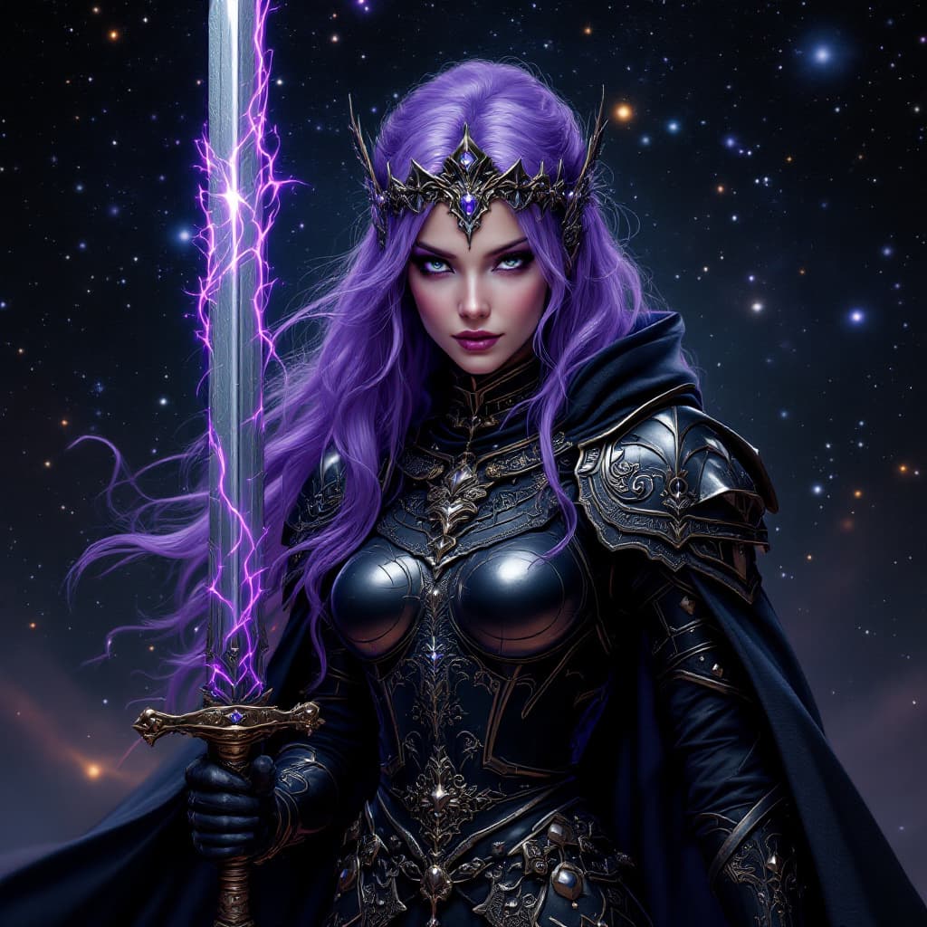 AI generated: Image of a female galactic royal empress,she wears light royal armor colored black lined with violet...