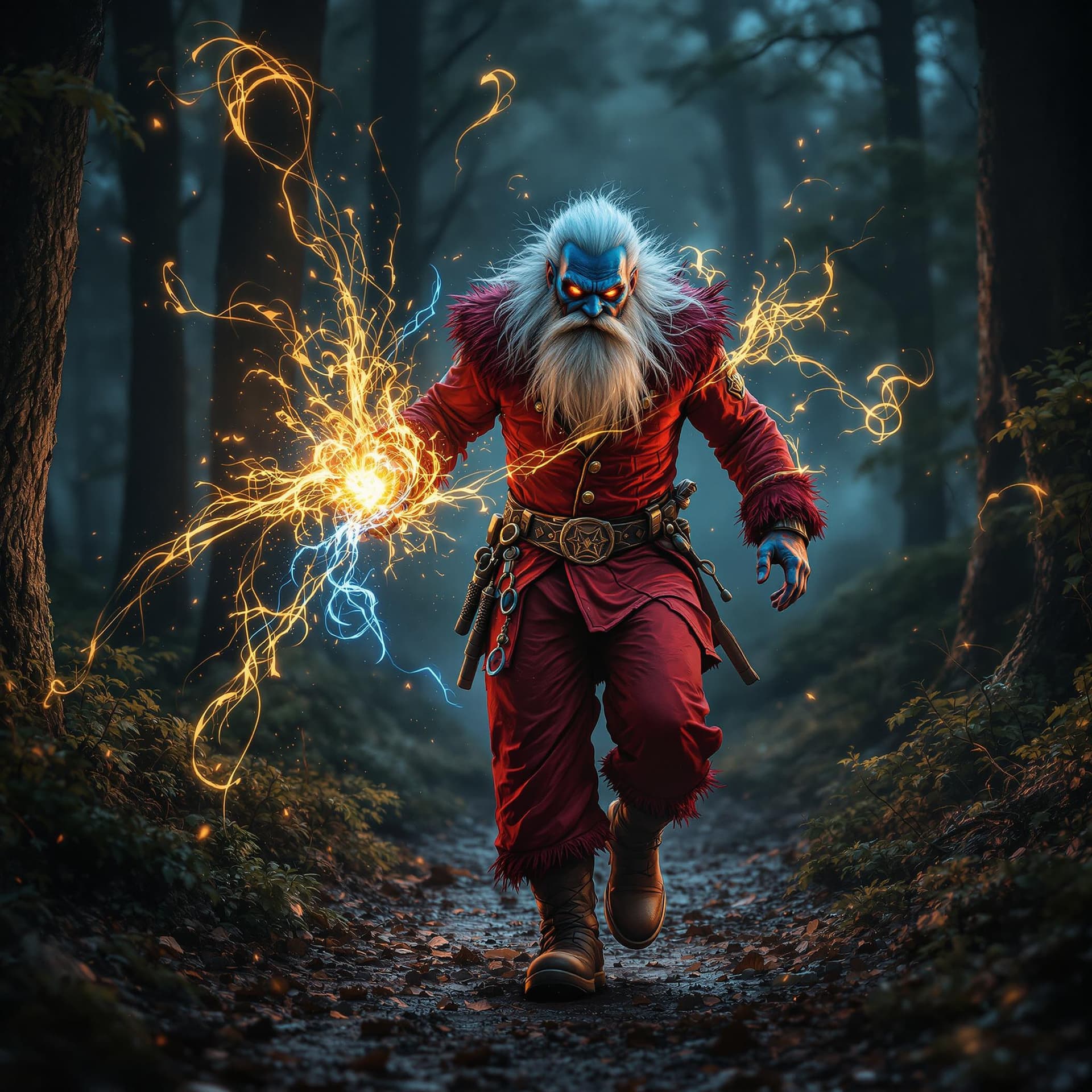 AI generated: russian uncle frost wearing red rocker clothes is depicted in an action pose, going on a forest path...