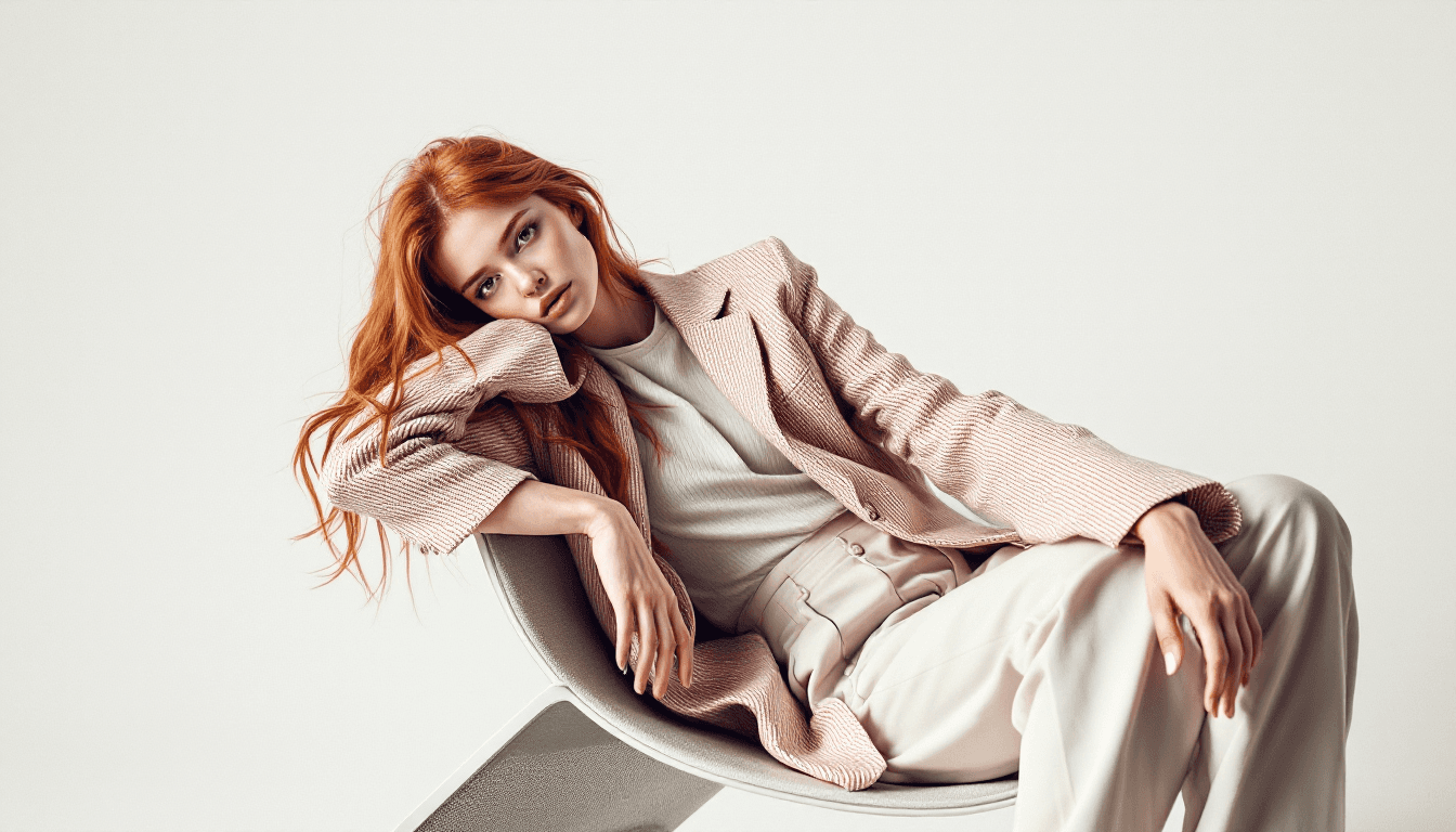 AI generated: create the image of a young 20 year old Portuguese model, thin nose, blue eyes, with red hair, long ...