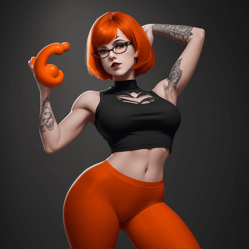 AI generated: velma from scooby-doo, beautiful charismatic girl, showing piercing, athletic body, a woman an orang...