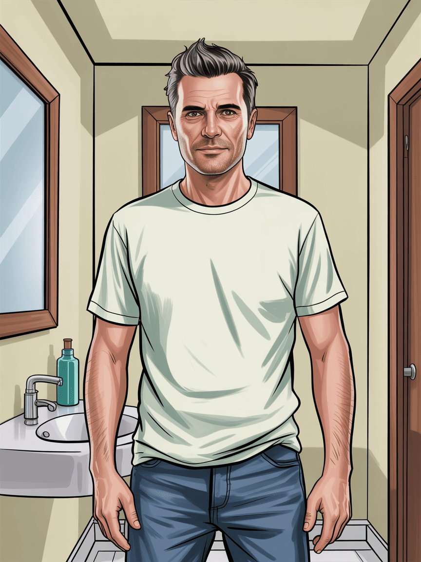 AI generated: Cartoon illustration, featuring a handsome Caucasian man with burst-taper grey hair, wearing a white...