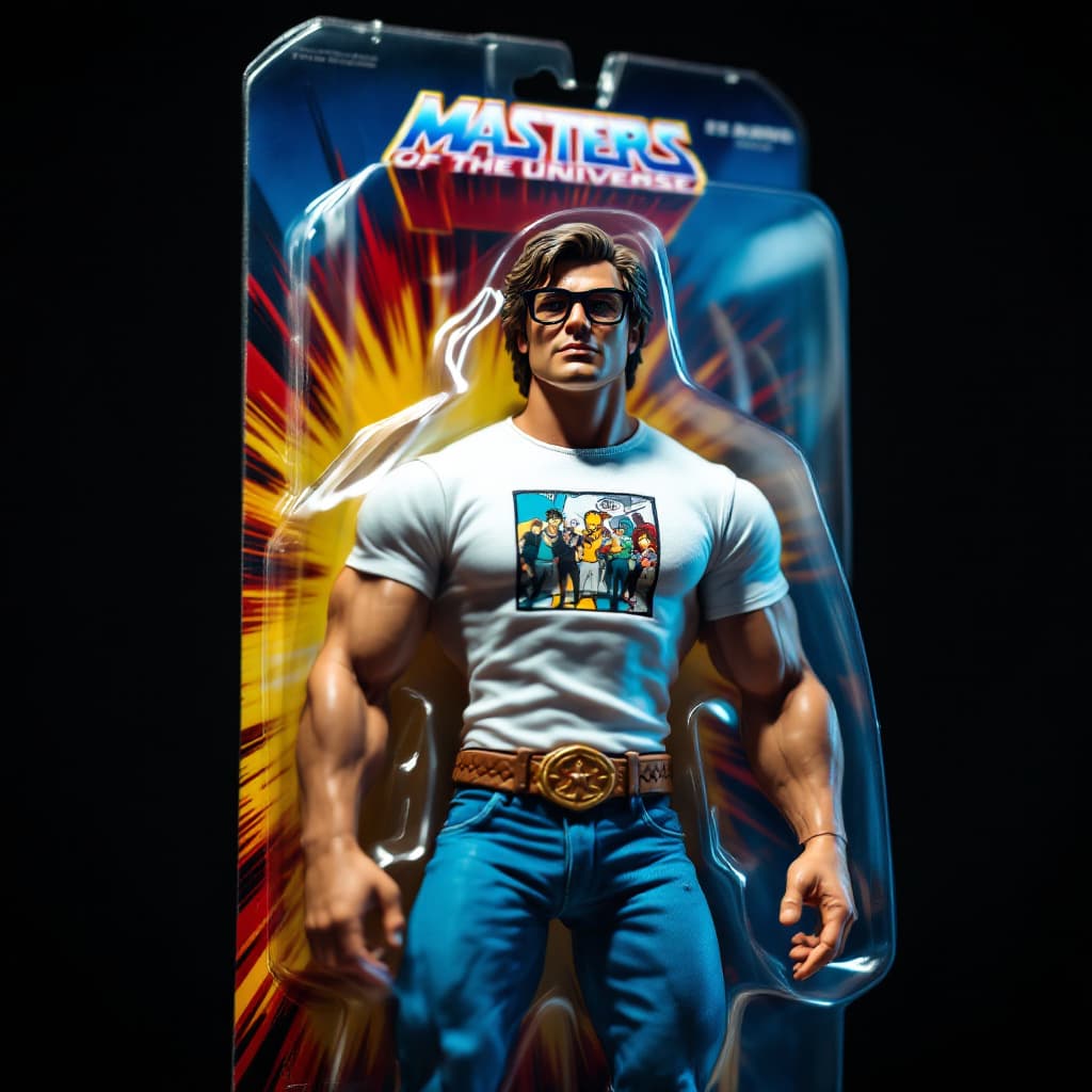 AI generated: A photo-realistic action figure packaged in a vintage 1980s He-Man style blister pack. The figure is...